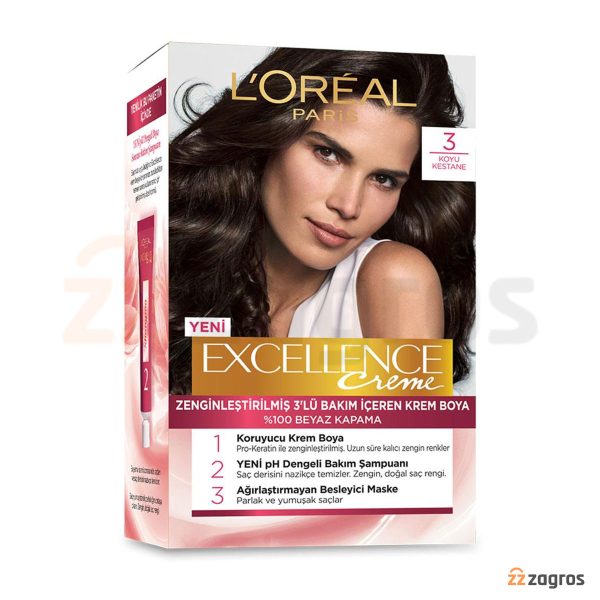 کیت رنگ مو سری Excellence Creme شماره 3 پایه رنگ شاه بلوطی تیره