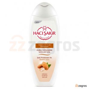 شامپو تغذیه کننده 2 در 1 حاجی شاکر حاوی شیر بادام مناسب موهای خشک و آسیب دیده 500 میل