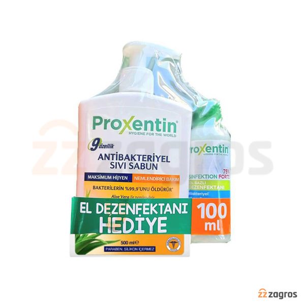 صابون مایع آنتی باکتریال Proxentin حجم 500 میل به همراه ضدعفونی کننده دست 100 میل