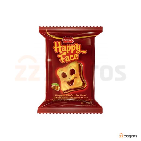 بیسکوییت ساندویچی با کرم شکلات فندقی Karsa مدل Happy face وزن 25 گرم