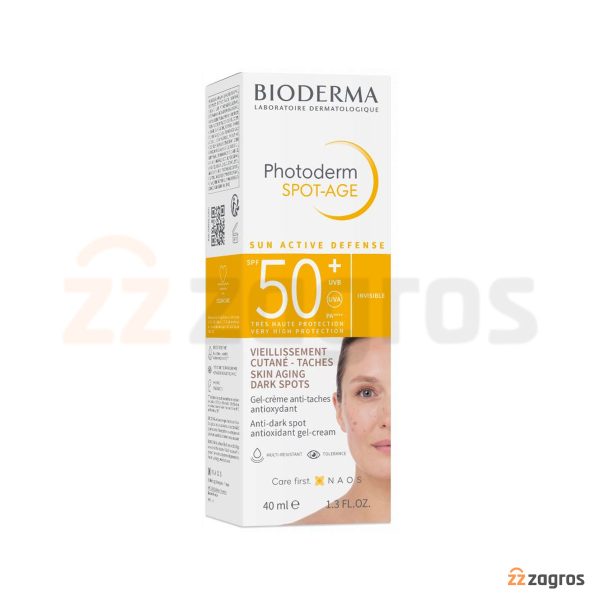 ژل کرم ضد آفتاب ضد لک و ضد پیری بایودرما +SPF50 مدل Photoderm Spot-Age بی رنگ 40 میل
