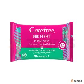 دستمال مرطوب بهداشتی بانوان Carefree حاوی عصاره آلوئه ورا و چای سبز بسته 20 عددی