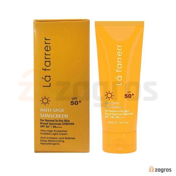 کرم ضد آفتاب و ضد لک لافارر +SPF50 بی رنگ مناسب پوست معمولی و خشک 40 میل