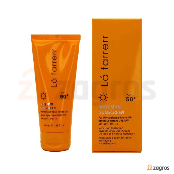 کرم ضد آفتاب و ضد لک لافارر +SPF50 بی رنگ مناسب پوست چرب و مستعد آکنه 40 میل