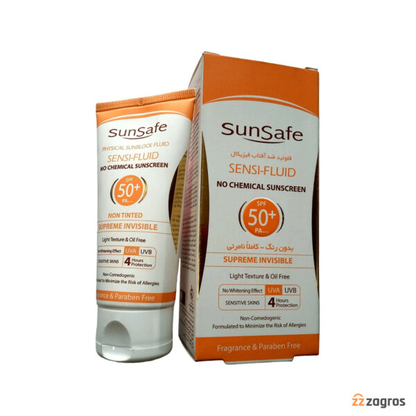 فلوئید ضد آفتاب فیزیکال سان سیف +spf50 بی رنگ مناسب پوست حساس 50 میل