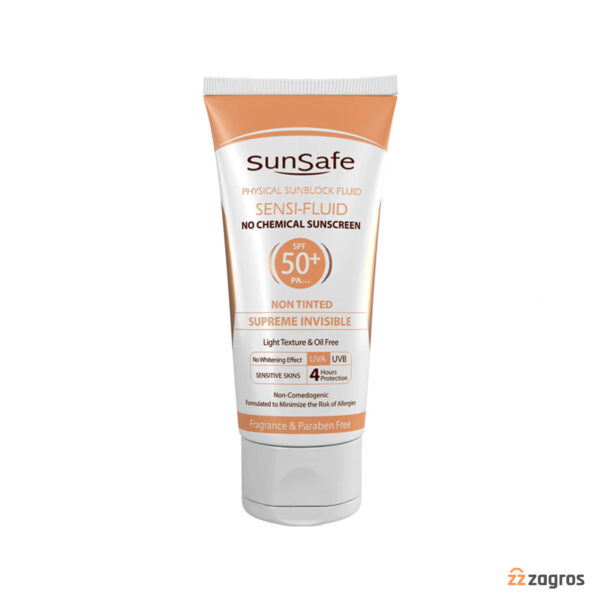 فلوئید ضد آفتاب فیزیکال سان سیف +spf50 بی رنگ مناسب پوست حساس 50 میل