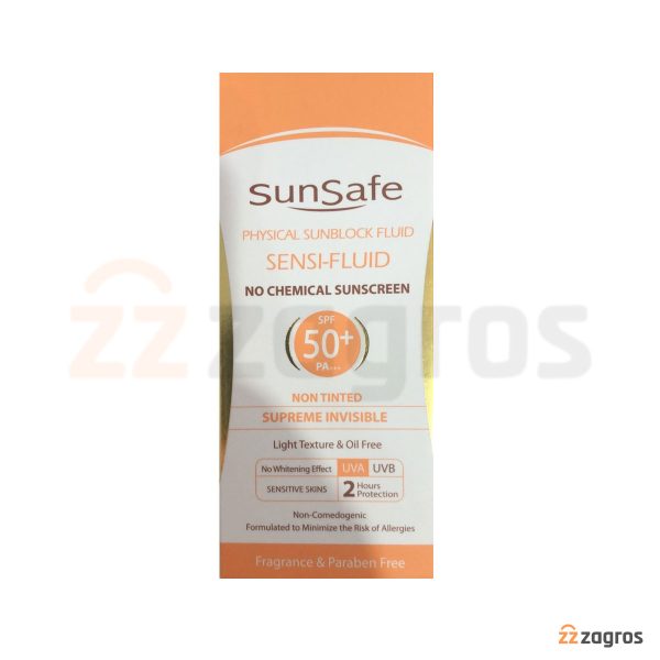 فلوئید ضد آفتاب فیزیکال سان سیف +SPF50 بی رنگ مناسب پوست حساس 50 میل