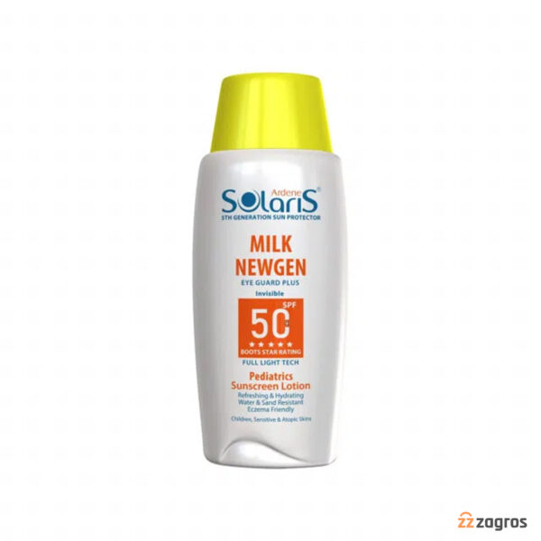 لوسیون ضد آفتاب کودک میلک نیوژن سولاریس آردن +spf50 بی رنگ مناسب پوست حساس 100 میل