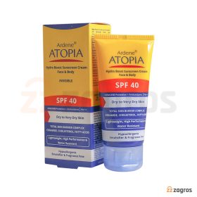 کرم ضد آفتاب رطوبت رسان صورت و بدن آردن آتوپیا Spf40 بی رنگ مناسب پوست خشک و خیلی خشک 50 میل