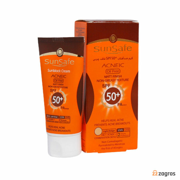 کرم ضد آفتاب فاقد چربی سان سیف +spf50 رنگ بژ روشن مناسب پوست چرب، مختلط و مستعد آکنه 50 میل