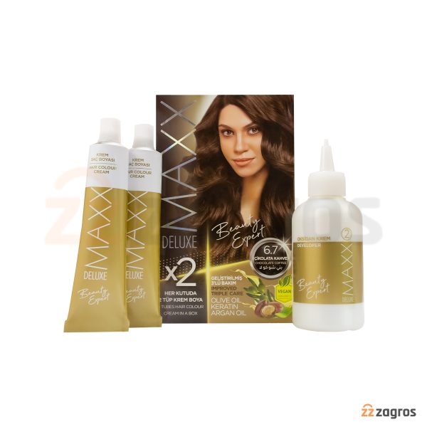 کیت رنگ مو Maxx Deluxe سری Beauty Expert شماره 6.7 پایه رنگ قهوه شکلاتی