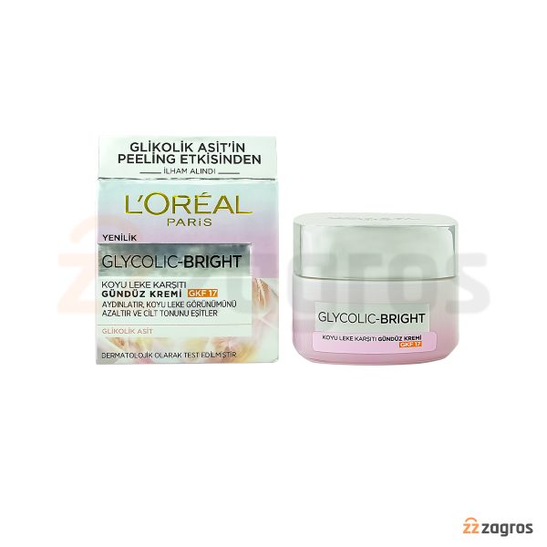 کرم روز ضد لک لورآل سری Glycolic Bright با Spf17 حاوی گلیکولیک اسید 50 میل