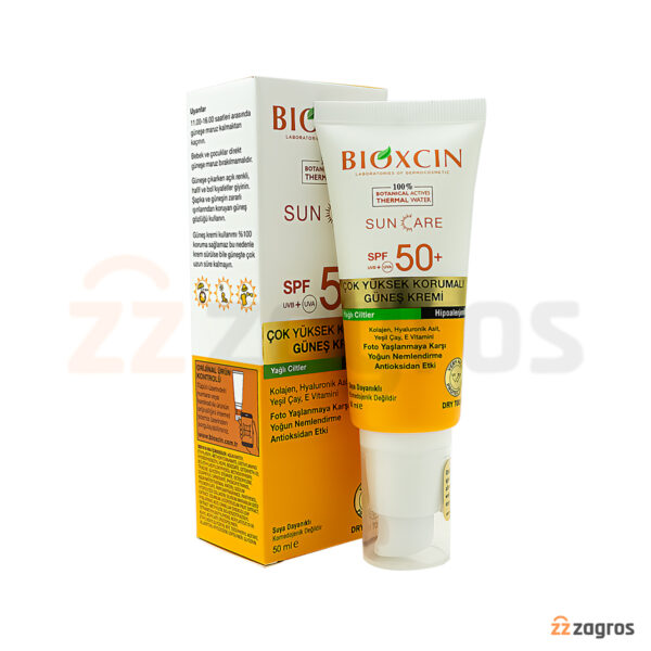 کرم ضد آفتاب بی رنگ بیوکسین +spf50 مناسب پوست چرب 50 میل