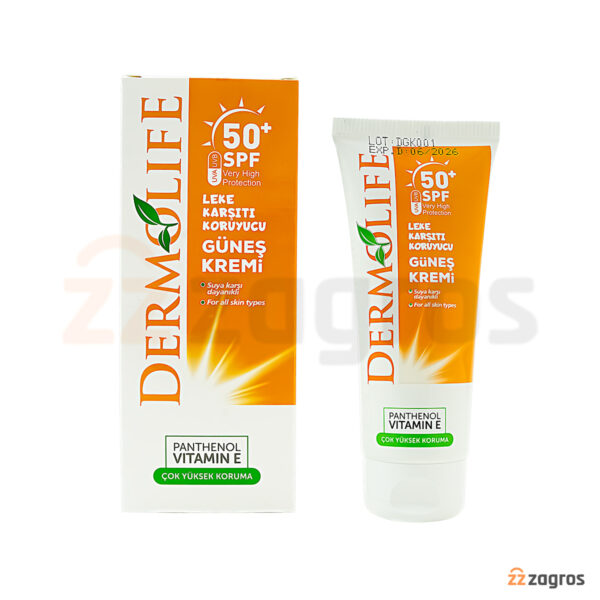 کرم ضد آفتاب ضد لک Dermolife با +spf50 بی رنگ مناسب انواع پوست 100 میل