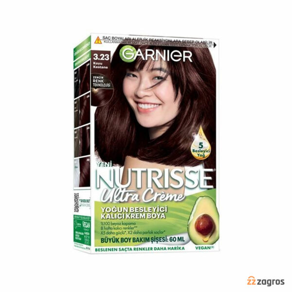 کیت رنگ مو گارنیر سری Nutrisse Ultra Creme شماره 3.23 پایه رنگ شاه بلوطی تیره