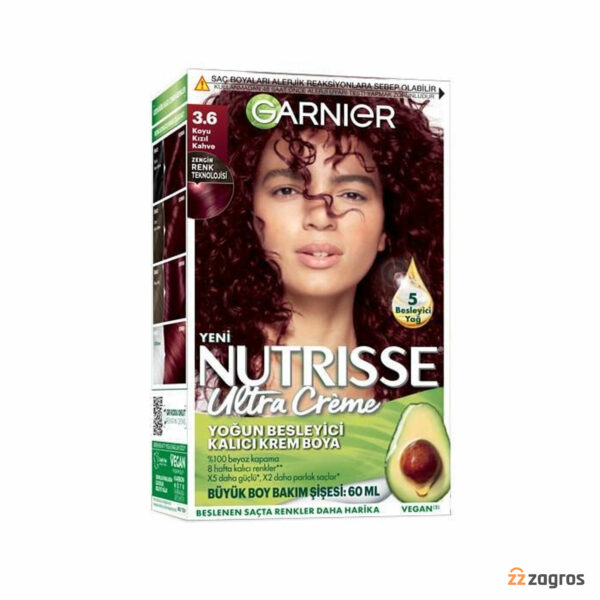 کیت رنگ مو گارنیر سری Nutrisse Ultra Creme شماره 3.6 پایه رنگ قهوه ای قرمز تیره