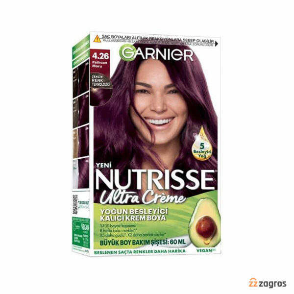 کیت رنگ مو گارنیر سری Nutrisse Ultra Creme شماره 4.26 پایه رنگ بنفش بادمجانی