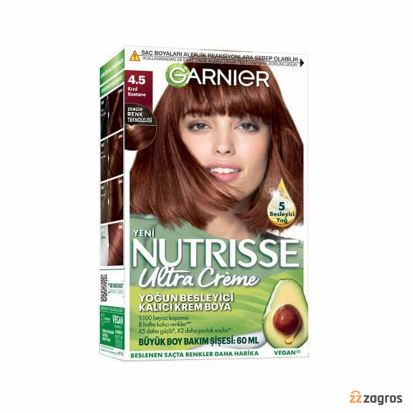 کیت رنگ مو گارنیر سری Nutrisse Ultra Creme شماره 4.5 پایه رنگ شاه بلوطی قرمز