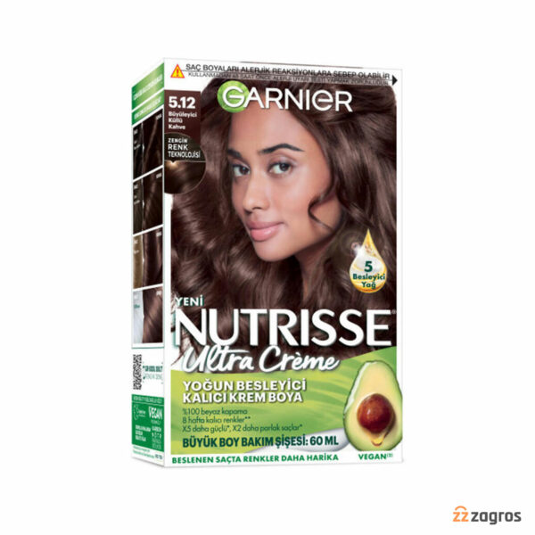 کیت رنگ مو گارنیر سری Nutrisse Ultra Creme شماره 5.12 پایه رنگ قهوه ای خاکستری