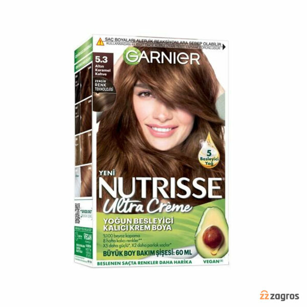 کیت رنگ مو گارنیر سری Nutrisse Ultra Creme شماره 5.3 پایه رنگ قهوه ای کاراملی طلایی