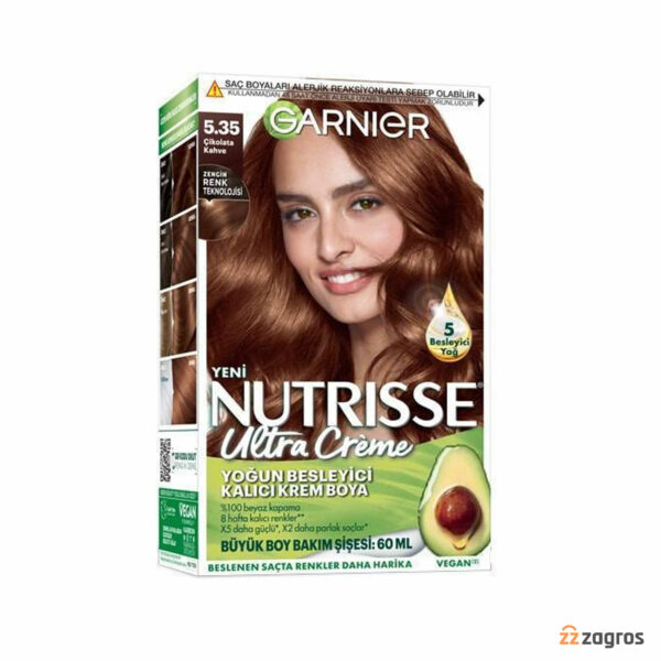 کیت رنگ مو گارنیر سری Nutrisse Ultra Creme شماره 5.35 پایه رنگ قهوه ای شکلاتی