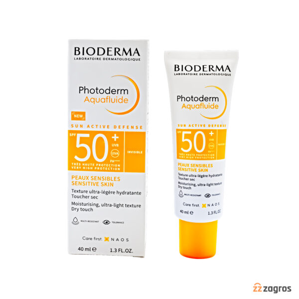 فلوئید ضد آفتاب بایودرما مدل Photoderm Aquafluide با +spf50 بی رنگ مناسب پوست حساس 40 میل