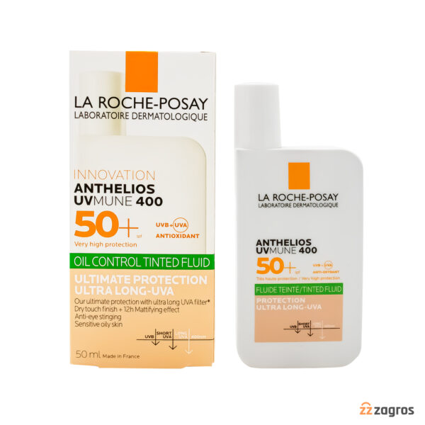 فلوئید ضد آفتاب کنترل کننده چربی لاروش پوزای سری Anthelios مدل Uv Mune 400 با +spf50 رنگی مناسب پوست چرب و حساس 50 میل