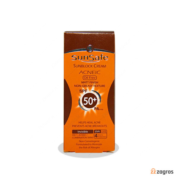 کرم ضد آفتاب فاقد چربی سان سیف +spf50 بی رنگ مناسب پوست چرب، مختلط و مستعد آکنه 50 میل