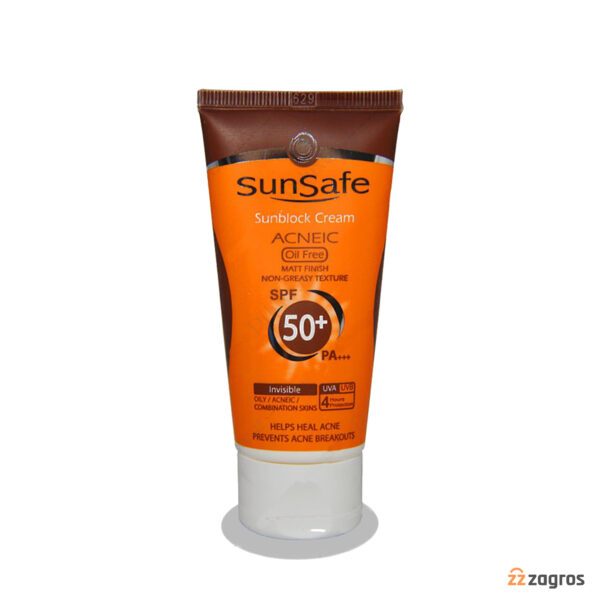 کرم ضد آفتاب فاقد چربی سان سیف +spf50 بی رنگ مناسب پوست چرب، مختلط و مستعد آکنه 50 میل