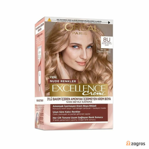 کیت رنگ مو بدون آمونیاک لورآل سری Excellence Creme شماره 8u پایه رنگ بلوند تیره نود