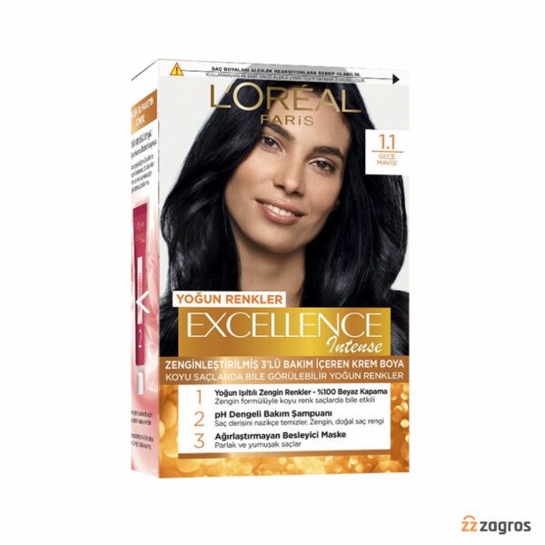 کیت رنگ مو لورآل سری Excellence Intense شماره 1.1 پایه رنگ آبی نیمه شب